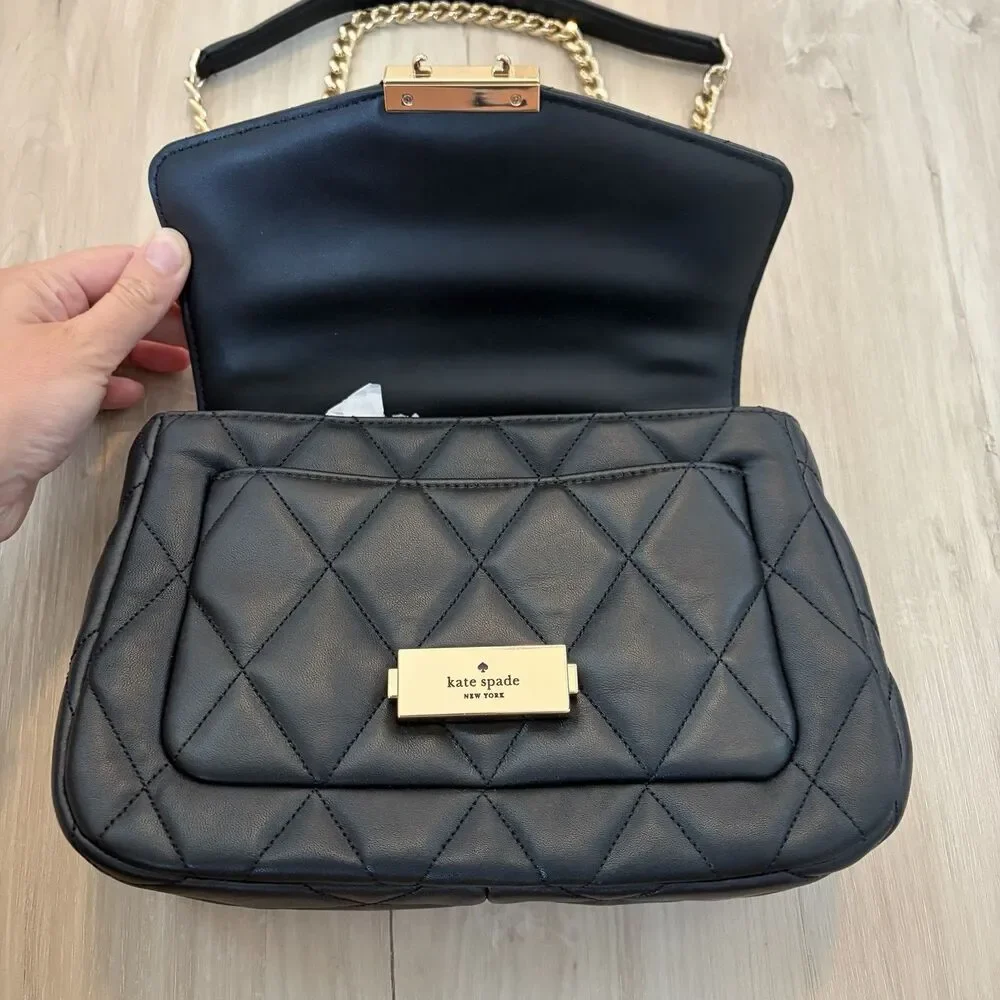 Kate Spade New York Black Carey Smooth Quilted Flap Bag Gold Chain Push Lock NWT